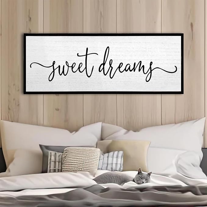 Sweet Dreams Wall Decor Above Bed Sign 40''×15'' Large Wood Framed Master Bedroom Guest Room Sweet Dreams Signs Farmhouse Rustic Wall Art Decoration (Black)