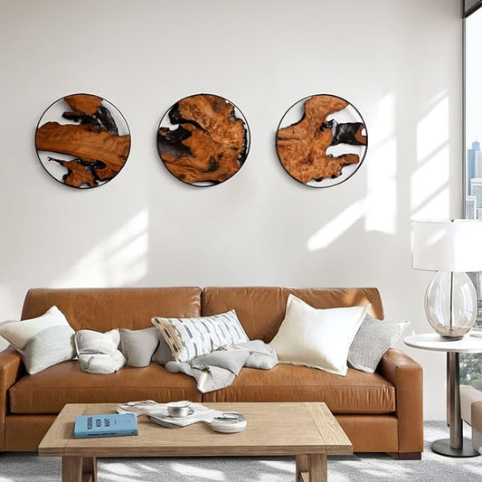 WELLAND 3 Pieces Round Cedar Wood Wall Art Decoration Ornaments, 11.81" L x 0.87" W x 11.81" H, Hanging Decoration for Home Office, Living Room, Bedroom, Bathroom, Dining Room, Entryway