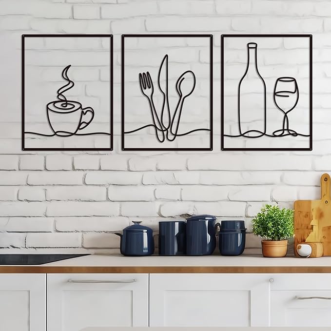 3 Pieces Metal Minimalist Line Kitchen Signs Wall Decor Drawing, Rustic Kitchen Art Wall Decor for Kitchen Dining Living Room Home, 14.2 x 11 Inches (Elegant)