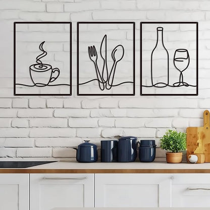 3 Pieces Metal Minimalist Line Kitchen Signs Wall Decor Drawing, Rustic Kitchen Art Wall Decor for Kitchen Dining Living Room Home, 14.2 x 11 Inches (Elegant)