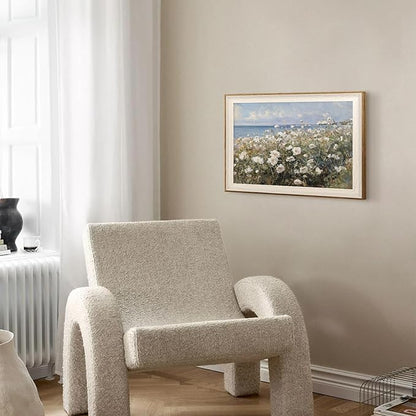 ASTRDECOR Framed Canvas Wall Art Room Decor, Vintage Landscape Wall Art for Home Decor Aesthetic Artwork, Coastal Scenery Nature White Wildflowers Oil Painting Pictures Bathroom Wall Decor 16''x24''