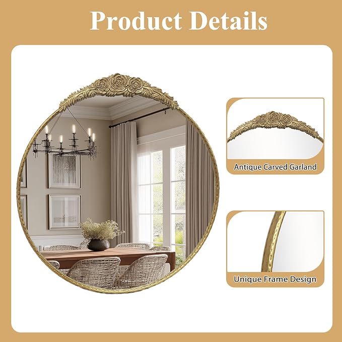 Growsun Round Wall Mirror with Vintage Gold Floral Frame – 24 Inch Decorative Wall Mirror for Living Room, Bedroom, Entryway, Bathroom Vanity – Elegant Antique Accent Home Décor