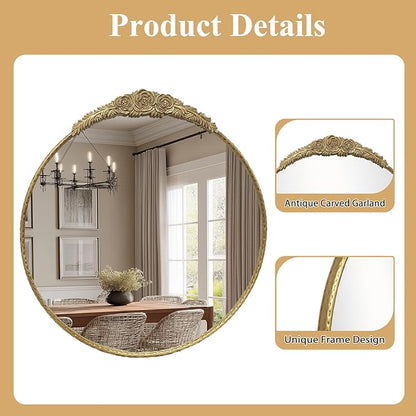Growsun Round Wall Mirror with Vintage Gold Floral Frame – 24 Inch Decorative Wall Mirror for Living Room, Bedroom, Entryway, Bathroom Vanity – Elegant Antique Accent Home Décor