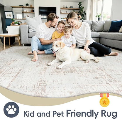 6x9 Area Rugs for Living Room Washable Rug: Anti-Skid Abstract Modern Living Room Rug Soft Thin Carpets Indoor Floor Non-Shedding Carpet for Bedroom Dining Farmhouse Nursery Home Office Beige White