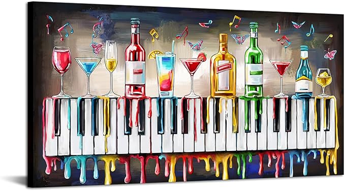 LevvArts Vintage Cocktail Canvas Wall Art Colorful Cocktails on Piano Keyboard Pictures Posters Painting for Kitchen Dining Room Restaurant Bar Decor 24"x48"