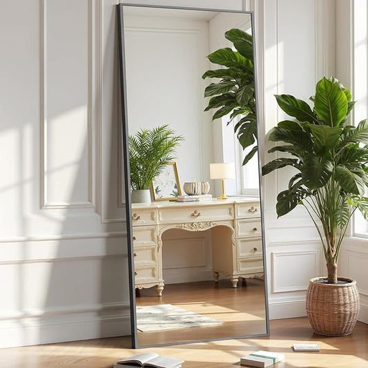 OLIXIS Black Full Length Mirror 60"x16" for Bedroom, Full Body Floor Mirror with Stand, Hanging or Leaning for Wall, Aluminum Alloy Thin Frame Floor Standing for Living Room, Long