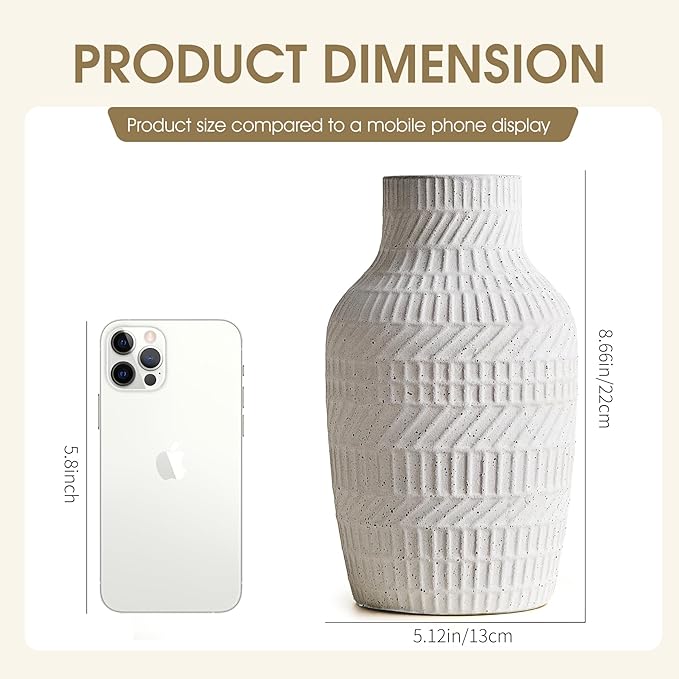 Boho White Ceramic Vase, 8.7" Matte Textured Flower Vase for Home Decor, Minimalist Table Centerpiece for Living Room, Office, Bedroom (Matte White Vase)