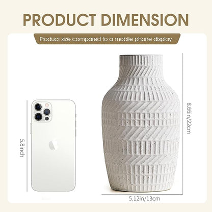 Boho White Ceramic Vase, 8.7" Matte Textured Flower Vase for Home Decor, Minimalist Table Centerpiece for Living Room, Office, Bedroom (Matte White Vase)