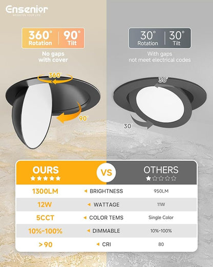 Ensenior 12 Pack 6 inch Black Gimbal Led Recessed Light, 5CCT 2700K-5000K, 360°+90° Rotatable, Dimmable, Aluminum, CRI90+, 1300LM 12W 120V, Eyeball Recessed Lighting, Directional Can Light, ETL&FCC