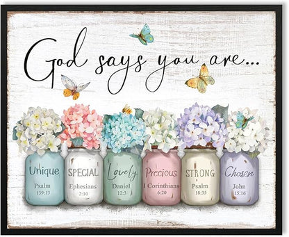 God Says You Are Wall Art: Inspirational Quotes Christian Wall Art Bible Verses Wall Decor Religious Gifts for Women Girls,Hydrangea Flower in Mason Jar Picture Poster Bedroom Decor 16"x20"