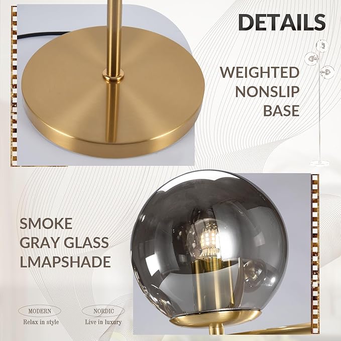 BOKT Mid Century Gold Floor Lamp Modern 3-Light Standing Lamp with Smokey Gary Glass Globe Shade Bright Floor Lamps Office Standing Pole Light for Living Room Bedroom Home Decor…