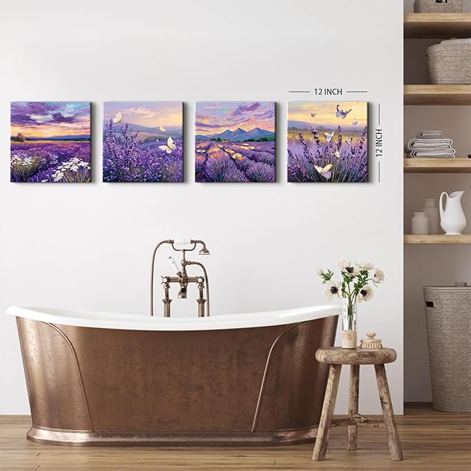 Purple Lavender Wall Art Bedroom Wall Decor Abstract Butterfly Scenery Pictures for Living Room Watercolor Sunset Forest Paintings Canvas Prints Mountain Posters Artwork Home Decoration 12x12” 4Pcs