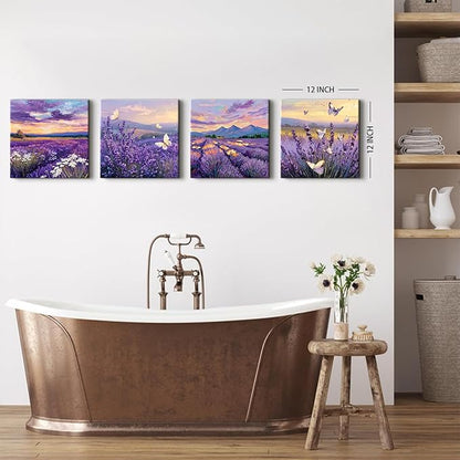 Purple Lavender Wall Art Bedroom Wall Decor Abstract Butterfly Scenery Pictures for Living Room Watercolor Sunset Forest Paintings Canvas Prints Mountain Posters Artwork Home Decoration 12x12” 4Pcs