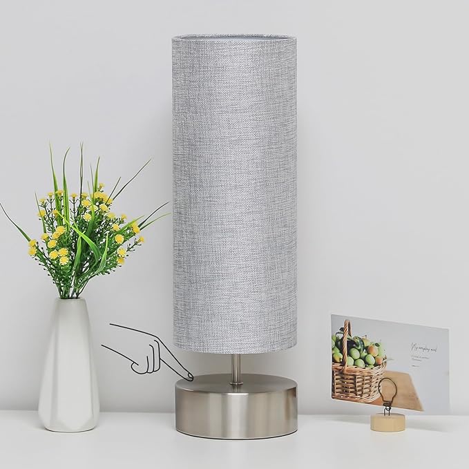 Bedside Touch Lamp, 3 way Touch Control Table Lamp with Silver Base, Modern Gray Nightstand Lamp with Cylinder Shade, Simple Dimmable Night Light for Bedroom Living Room Kitchen, LED Bulb Included