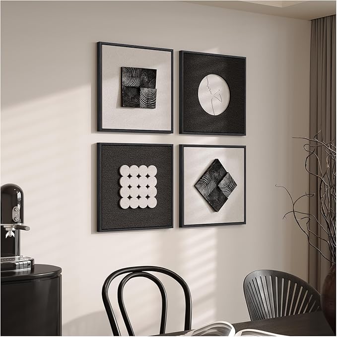 3D Wood Textured Framed Black and White Wall Art Set, Modern Neutral Abstract Geometric Paintings Artwork for Walls, Minimalist Black Wooden Pictures Wall Decor for Living Room Hallway Dining Bedroom