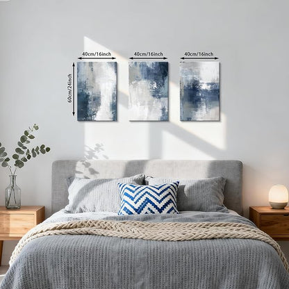 WENGTIAO 3 Pcs Navy Blue Abstract Canvas Wall Art Prints Modern Minimalist Blue Gray Artwork for Walls Framed White Neutral Poster Paintings Decor for Living Room Bedroom Bathroom Office 16x24x3Pcs
