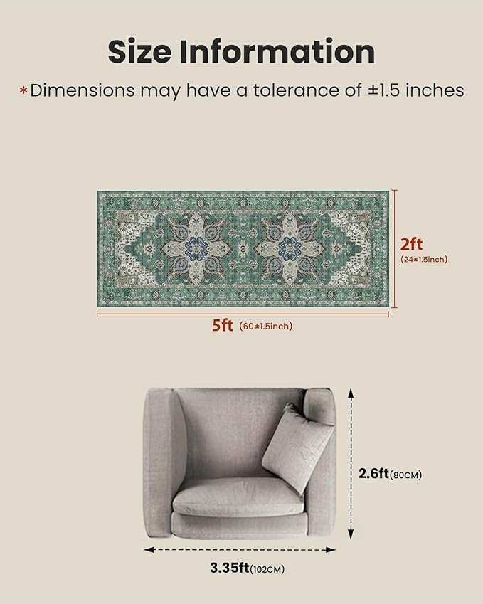 AMADA HOMEFURNISHING 2x5 Washable Runner Rug, Low-Profile Kitchen Rugs with Non-Slip Backing & Durable Edge Binding, Vintage Entryway Runner Rug for Bedroom & Hallway