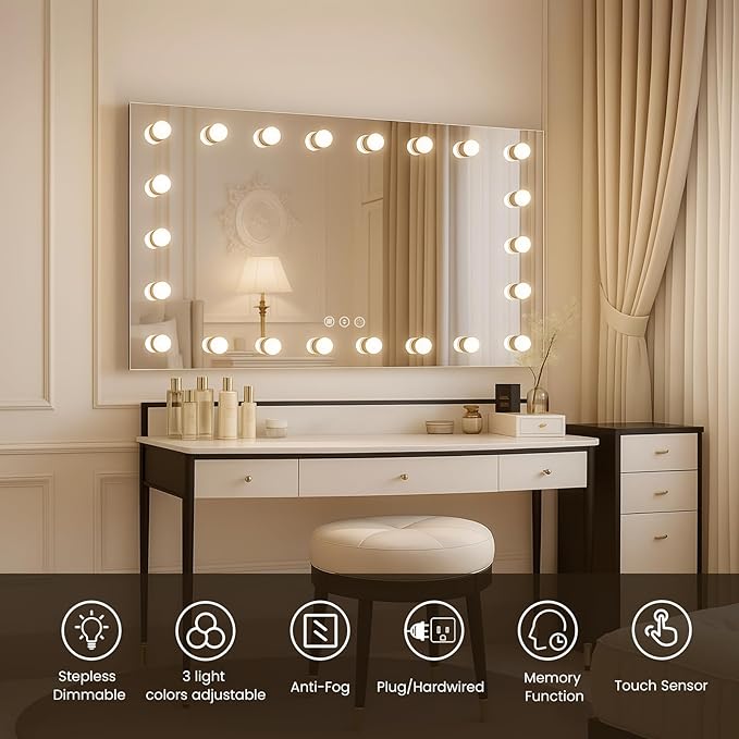 WTTY 55"x36" Hollywood Vanity Mirror with Lights, Wall-Mounted Makeup Mirror with 3 Color Temperatures, Stepless Dimmable Bulbs, Anti-Fog & Shatter-Proof