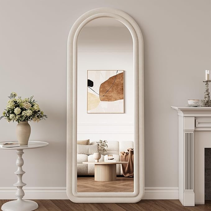 Flannel Full Length Mirror 63"x24", Arched Mirrors Full Length with Stand, Flannel Floor Mirror for Bedroom and Living Room, Full Body Mirror Hanging or Leaning, White