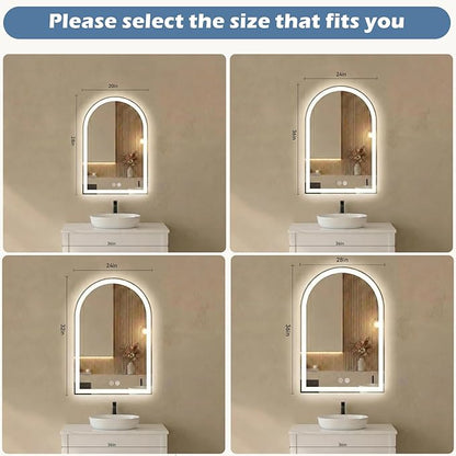 Sweetcrispy 20“×28” LED Bathroom Backlit Mirror with Lights, Arched Lighted Bathroom Vanity Mirror with Anti-Fog, Dimmable, 3-Color Light, Memory Function, Tempered Glass, Water-Proof Design