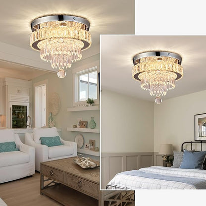 Crystal Chandeliers 11.8" Modern Crystal Light Fixtures LED Flush Mount Chandelier Ceiling Light Chandeliers for Bedrooms Living Room Dining Room Chrome (Warm White)