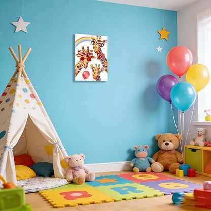 12x16 Inch Colorful Giraffe Canvas Wall Art - Watercolor Rainbow Giraffe Family Poster with Glasses Balloon - Framed Funny Animal Wall Decor Prints for Kids Bedroom Nursery Bathroom Playroom