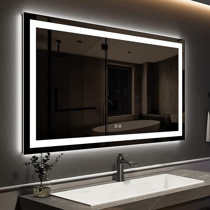 ROOMTEC 48 x 30 Inches LED Bathroom Mirror with Lights, Vanity Mirror with Front and Backlight, Smart Dimmable Anti-Fog LED Mirror for Bathroom, Memory Function, Tempered Glass (Horizontal/Vertical)