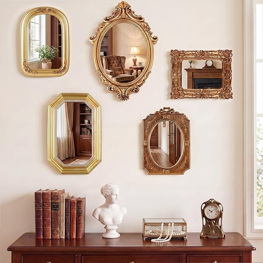 Wonderjune 5 Pcs Vintage Mirrors for Wall Decor Gold Antique Resin Frame Oval Rectangle Mirror for Home Decor Photography Props Gifts (Baroque Style)