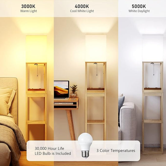 SUNMORY Floor Lamp with Shelves,Modern Dimmable Wood Standing Lamp with 1 Drawer and 2 USB Ports & 2 Power Outlet,Corner Tall Bookshelf Lamp for Living Room and Bedroom(Wood Color)