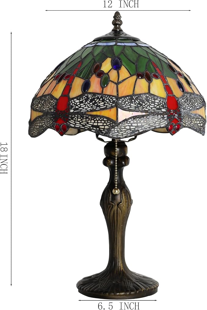 Tiffany Table Stained Glass Table Lamp 12 x 19” Bedside Reading Lamp Yellow Dragonfly Style Decorative Lamp for Desk Living Room Bedroom Office Study Light Decor Gift