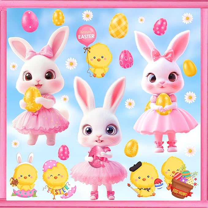 Pink Easter Window Clings Decoration Stickers for Glass Bunny Decals for Girls Bedroom Double-Side Spring Easters Eggs Cling Chick Rabbit Sticker for Living Room Kitchen Holiday Home Indoor Decor