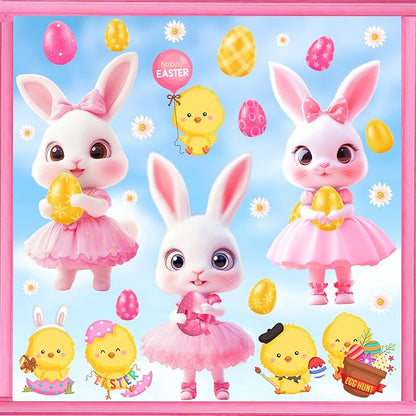 Pink Easter Window Clings Decoration Stickers for Glass Bunny Decals for Girls Bedroom Double-Side Spring Easters Eggs Cling Chick Rabbit Sticker for Living Room Kitchen Holiday Home Indoor Decor