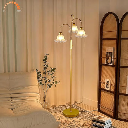 70'' Flower Floor Lamp, Vintage Floral Floor Lamp with 3000K Warmwhite Bulbs for Wedding/Party, 3 Light Gold Standing Tall Lamps with 5Lbs Heavy Base for Living Room Bedroom