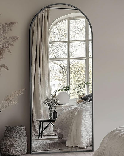 Full Length Mirror with Stand, 58"x19" Arched Full Body Mirror, Large Stand Up Aluminum Frame Floor Freestanding Hanging Leaning Mounted for Bedroom Living Room Entryway Black