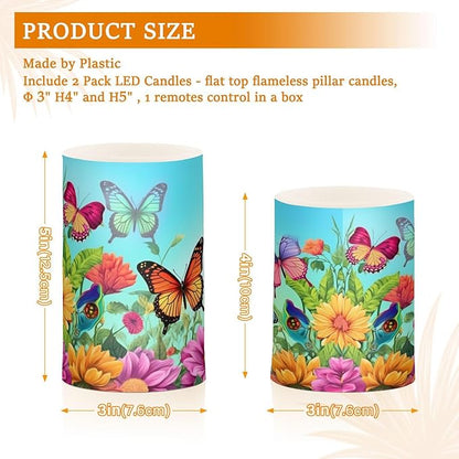 ALAZA Spring Color Butterflies Flowers Flickering Flameless Candles Battery Operated with Remote Timer,Tea Light Candles LED Pillar Votive Candles Set of 2 for Outdoor Indoor Decorations