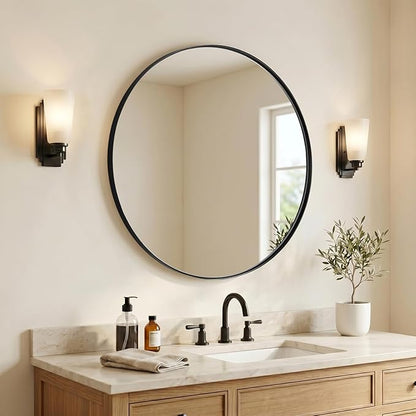 ANDY STAR Black Round Mirror Bathroom Mirrors, 28 Inch Vanity Mirror with Rust-Poof SUS304 Frame, Matte Black Mirror for Living Room, Powder Room, Entryway