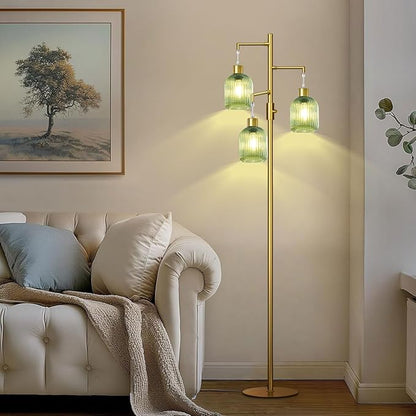Modern Floor Lamps for Living Room, Glass Standing Lamp with Green Shade, Dimmable Ribbed Glass 3 Lights Floor Lamps, Mid Century Tall Lamp for Bedroom, 3 Bulbs Included