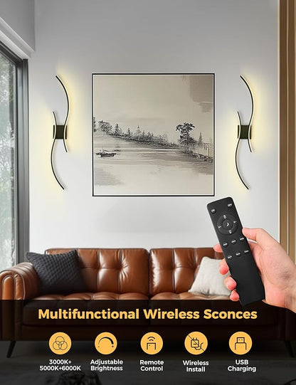 DORESshop Battery Operated Wall Sconces Set of 2, Modern Wireless Rechargeable Wall Lights with Stepless Dimming,3000k-6000K, Sconce Wall Decor for Living Room, Hallway, Bedroom, Black 39in