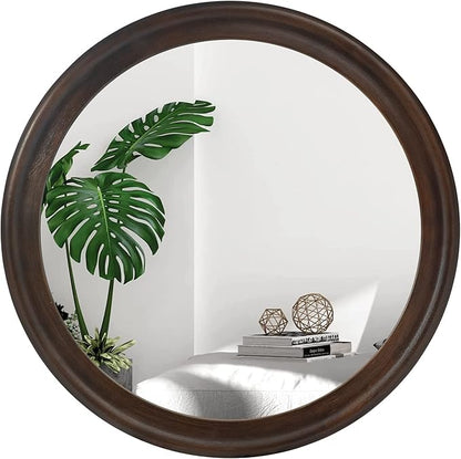 CULER Round Wall Mirrors 24 Inch,Wood Rustic Decorative Transitional Mirror with Walnut Frame for Wall,Farmhous Mirror for Bathroom Bedroom Living Room or Entryway（Dark Brown）