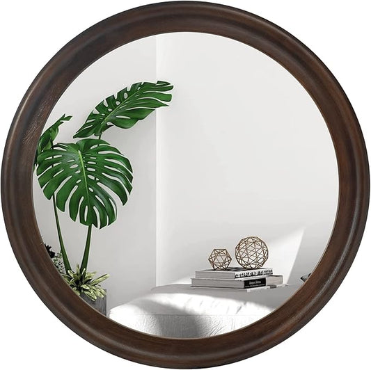 CULER Round Wall Mirrors 24 Inch,Wood Rustic Decorative Transitional Mirror with Walnut Frame for Wall,Farmhous Mirror for Bathroom Bedroom Living Room or Entryway（Dark Brown）