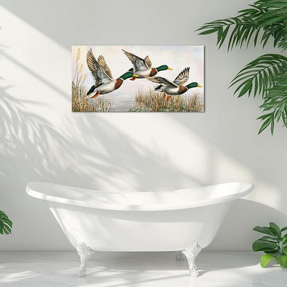 LevvArts Duck Wall Art Flying Mallard Ducks Over Lake Painting Canvas Print Vintage Lake House Cabin Decor 20"x40"