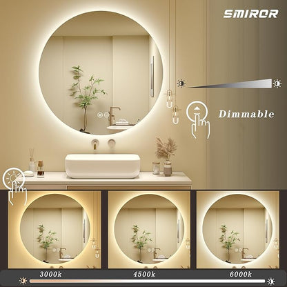 SMIROR Round Led Lighted Bathroom Mirror for Wall 40", Backlit Circle Vanity Mirror with Lights, Anti-Fog, 3 Colors, Dimmable, Memory, Shatterproof