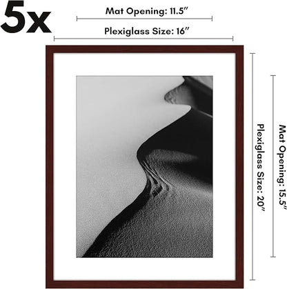 Americanflat 16x20 Picture Frame with Polished Plexiglass - Set of 5 - Use as 12x16 Frame with Mat or Display 16x20 Photo Without Mat - Galleria Collection - Picture Frames for Wall Display - Mahogany