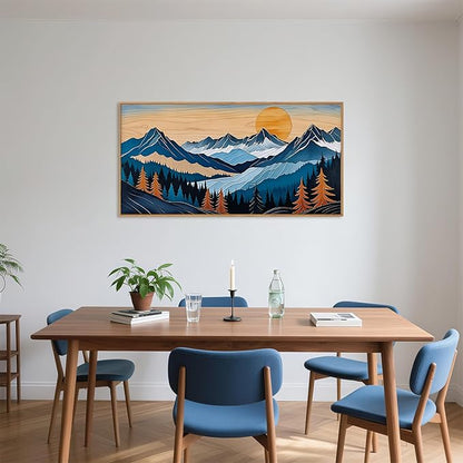 Celestdeco Boho Vintage Mountain Framed Canvas Wall Art Set, Blue Abstract Ridge Wall Decor,Woodcut Pine Tree Landscape Wall Painting,Sunrise Forest Art Print for Living Room,Bedroom,Office-20 X40