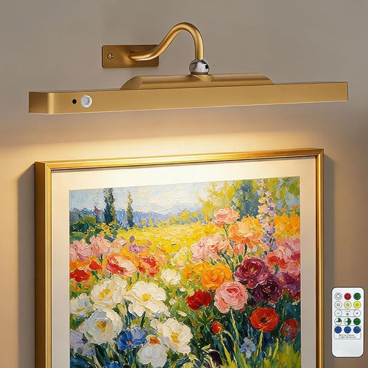 16" Gold Picture Light for Wall, Battery Operated Rechargeable Art Light with 6000mAh Battery, Motion Sensor, Remote, 3CCT Dimmable Cordless Painting Light for Artwork, Gallery, Hallway, 1 Pack