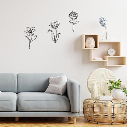 Oubasa Metal Flowers Wall Art Set of 3, Farmhouse Floral Home Decoration, Modern Line Art Flower Wall Decor for Living Room Bedroom Bathroom, Minimalist Botanical Wall Sculpture – Lily, Tulip, Rose