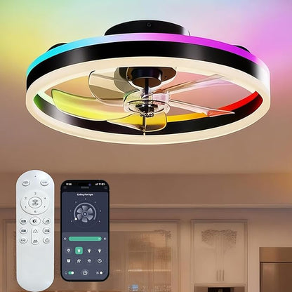 RGBCW Ceiling Fan with Light, 20" Flush Mount Low Profile Smart Fan Light with App & Remote Control, 6 Speeds Reversible, 3CCT Dimmable LED Bladeless Fandelier Quiet DC Motor for Bedroom Living Room