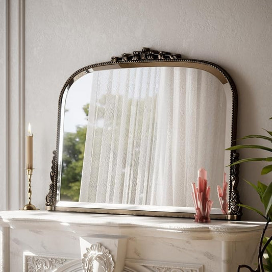 27"×36" Bronze Wide Arched Wall Mirror, Vintage Carving Bathroom Vanity Makeup Mirror, as Wall Decor Hanging Leaning for Fireplace Mantle, Living Room, Bedroom, Vanity Area