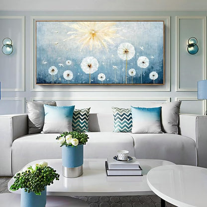 Nicetop Extra Large Framed Artwork for Walls– Giant Blue Floral Wall Picture with Wood Frame Dandelion Flower Plant Canvas Print Landscape Wall Art for Big Living Room,Office or Bedroom, 58x29Inch