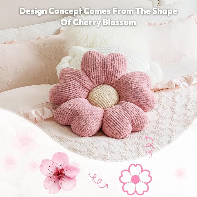Sioloc Flower Shaped Throw Pillow, Fun Daisy Pillow, 15.7" White Cute Decorative Seat Cushion Aesthetic Flower Plush Pillows for Bed Floor Couch Chair